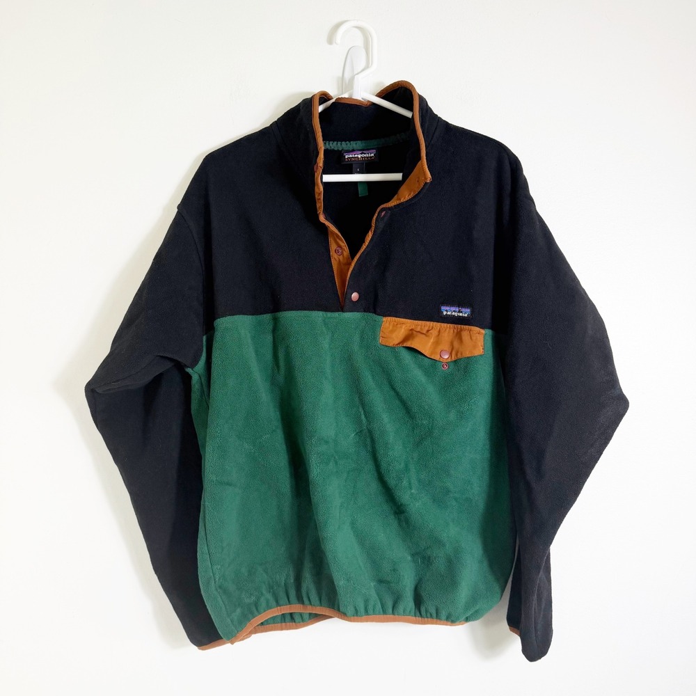 Patagonia Synchilla Fleece Pullover Mens Small Black Green Snap-T Colorblock